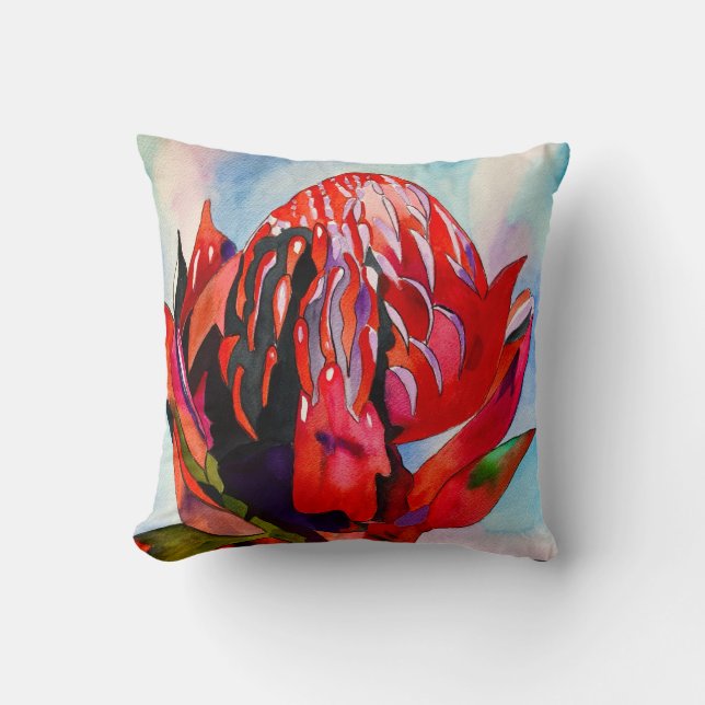 Waratah Australische Blume Aquarell Kissen (Vorderseite)