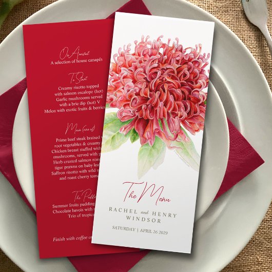 Waratah Rote Blume australische Hochzeitskarte Menükarte