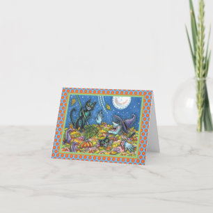 WARCH UND SCHWARZKATZEN RAKING-BLÄTTER HALLOWEN-KA KARTE