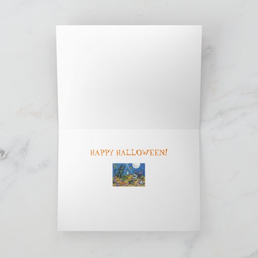 WARCH UND SCHWARZKATZEN RAKING-BLÄTTER HALLOWEN-KA KARTE (Innenseite)