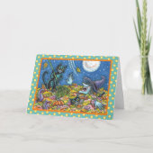 WARCH UND SCHWARZKATZEN RAKING-BLÄTTER HALLOWEN-KA KARTE (Vorderseite)