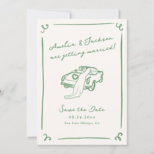 Warenkorb auf grünem Save the Date QR-Code Einladung (Vorderseite)