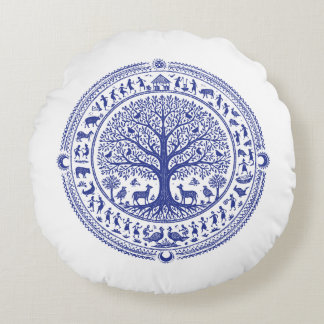 Warli Art Indische Stammesillustration | Minimalis Rundes Kissen