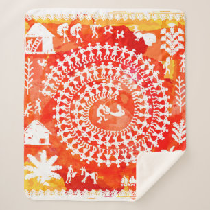 Warli-Malerei - traditionell gezeichnete Handarbei Sherpadecke
