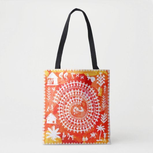 Warli-Malerei - traditionell gezeichnete Handarbei Tasche (Vorderseite)
