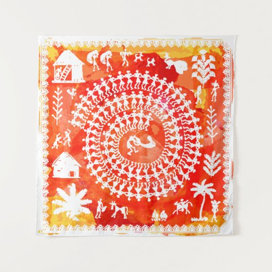 Warli-Malerei - traditionell gezeichnete Handarbei Wandteppich (Vorderseite)