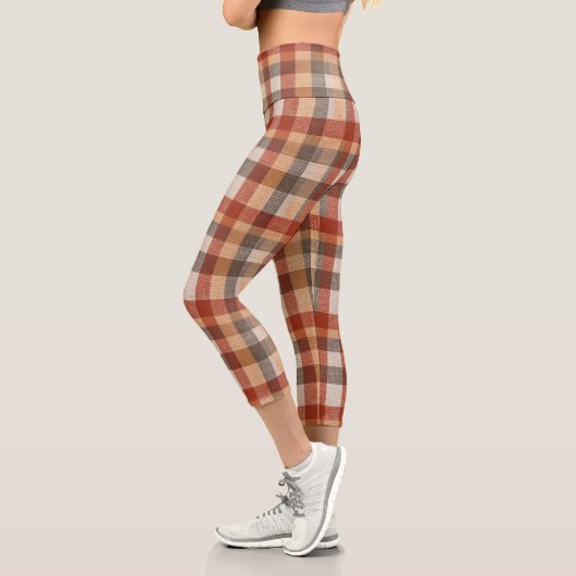 Warm Autumn Plaid Fabric Texture in Rust and Beige Capri Leggings (Links)