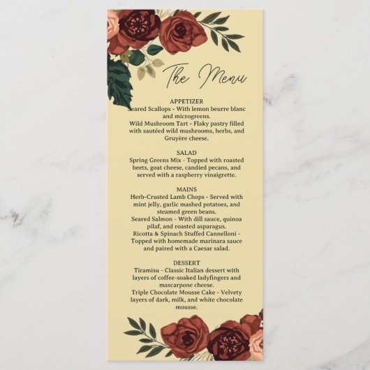 Warm Beige Romantisches Blumenmenü , Hochzeitsmenü Menükarte (Vorderseite)
