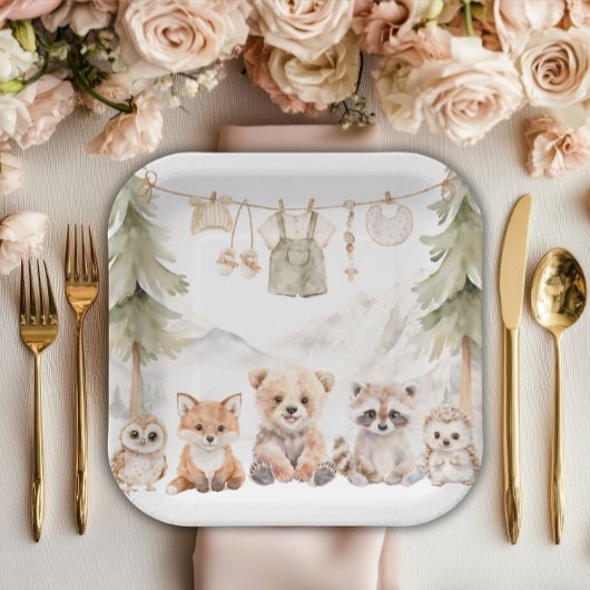 Warm Beige Woodland Adventure Awaits Baby Shower Pappteller