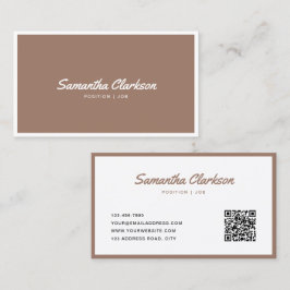 Warm Brown Border Handwriting Script QR Code Visitenkarte