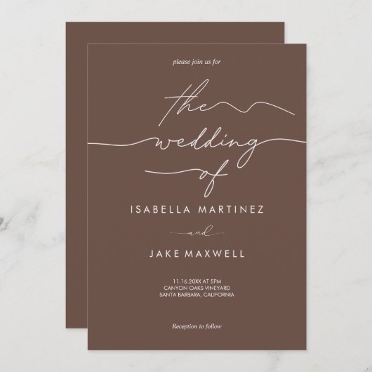 Warm Brown & White Moderne SkriptWedding Einladung (Vorne/Hinten)