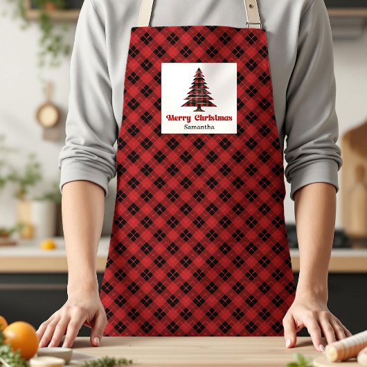 Warm Buffalo Plaid Tree Personalized Holiday Kitch Schürze