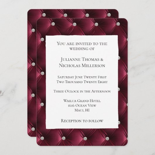 Warm Chic Deep Burgundy Red Imitats Velvet Wedding Einladung (Vorne/Hinten)