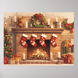 Warm Christmas Fireplace Scene Poster