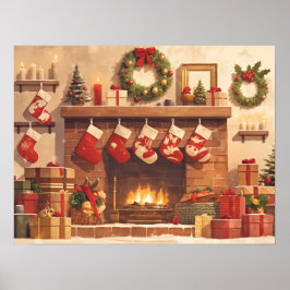Warm Christmas Fireplace Scene Poster