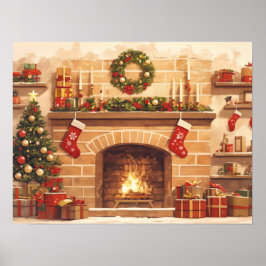 Warm Christmas Fireplace Scene Poster