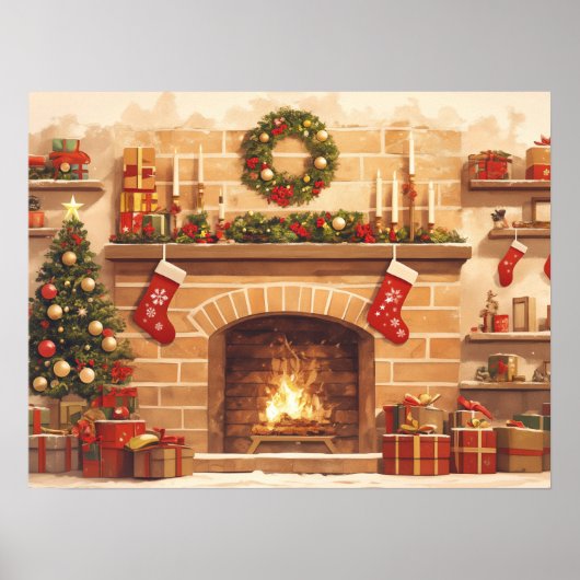 Warm Christmas Fireplace Scene Poster (Vorne)