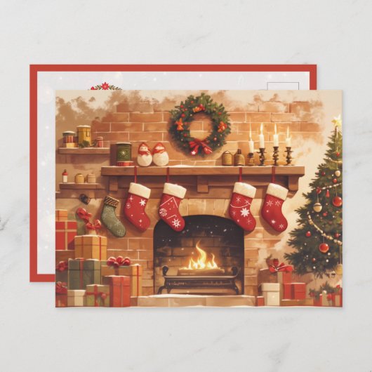 Warm Christmas Fireplace Scene Postkarte (Vorne/Hinten)