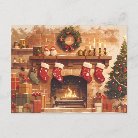 Warm Christmas Fireplace Scene Postkarte (Vorderseite)