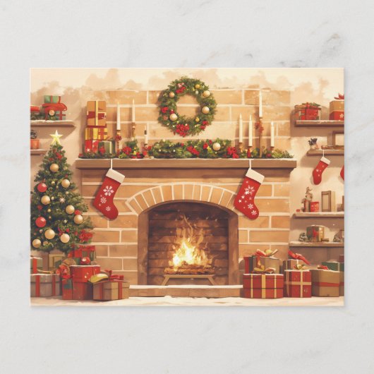 Warm Christmas Fireplace Scene Postkarte (Vorderseite)