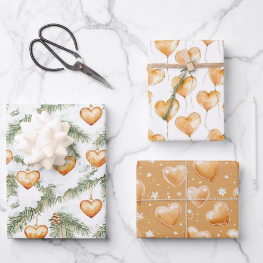 Warm Creamy Caramel Hearts Christmas Tree Branches Geschenkpapier Set (Vorderseite)