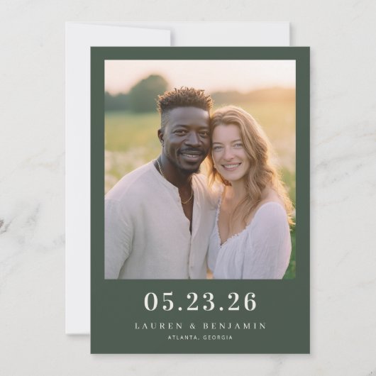 Warm Dark Green Candid Photo Save The Date (Vorderseite)