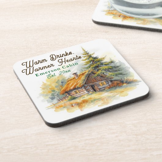 Warm Drinks, Warmer Hearts, Log Cabin Personalized Getränkeuntersetzer (Linke Seite)