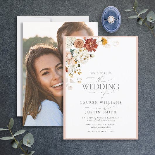 Warm erthy Floral Calligraphy Foto Wedding Einladung