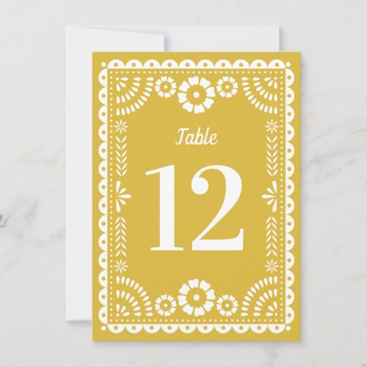 Warm-Gelbe Papel Picado Hochzeit-Tischnummer Einladung (Vorderseite)