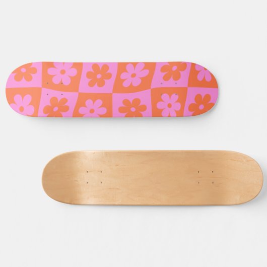 Warm karierte Retro-Blume Rosa Orange Skateboard (Horizontal)