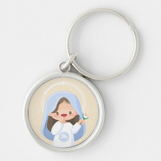 Warm Kawaii Jungfrau Mary Holding Blume - Beige Schlüsselanhänger (Vorne)