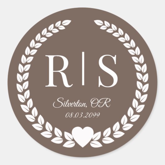 Warm Mocha Brown Wedding Monogram Initials Runder Aufkleber (Vorderseite)