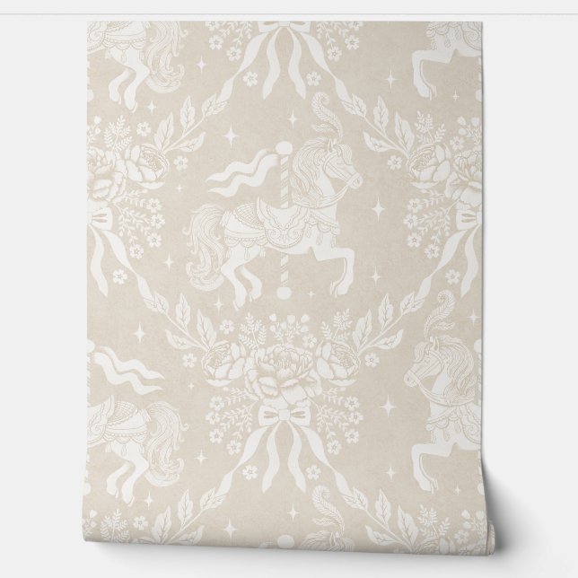 Warm Neutral Beige Rococo Carousel Horses Florals Tapete (Abrollen)
