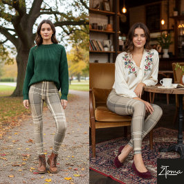 Warm Neutral Tan Beige Plaid Tartan Leggings