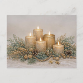 Warm Neutral Watercolor Christmas Candle Evergreen Feiertagspostkarte