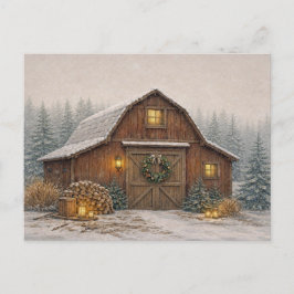 Warm Neutral Watercolor Rustic Christmas Barn  Feiertagspostkarte