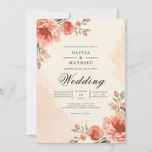 Warm Peach Blossom Frame Wedding Einladung (Vorderseite)