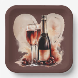 Warm Red and Tan Watercolor Champagne Bottle Pappteller