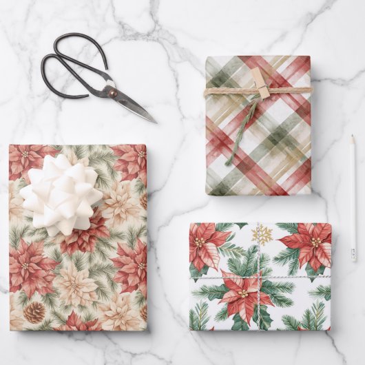 Warm Red Green Christmas Floral Stripes Geschenkpapier Set (Vorderseite)