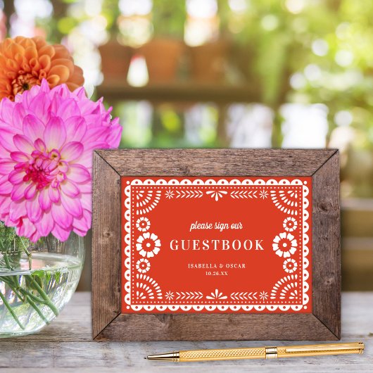 Warm Red Papel Picado Wedding Guestbook Sign Poster