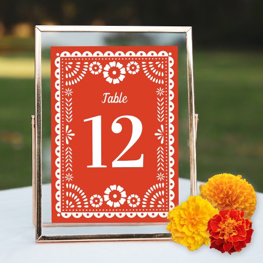 Warm Red Papel Picado Wedding Tischnummer