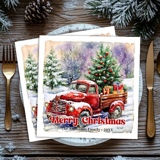 Warm red truck Christmas scene rustic paper napkin Serviette