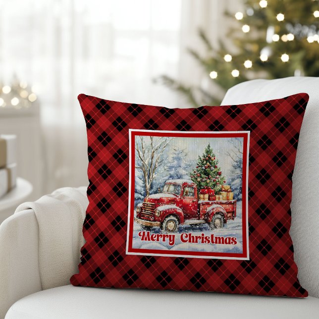 Warm red truck winter scene rustic red green  kissen (Warm red truck winter scene rustic red green pillow decor

)