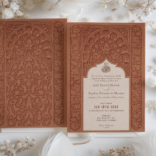 Warm Terracotta Lace Hochzeit Traditionelle islami Einladung