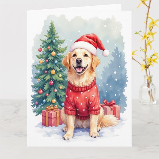 Warm Watercolor Golden Retriever Christmas Tree Karte (Gelbe Blume)