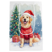 Warm Watercolor Golden Retriever Christmas Tree Mittlere Geschenktüte (Rückseite)
