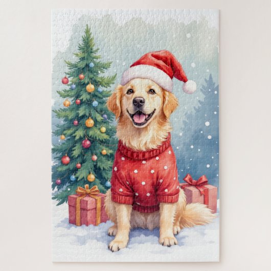 Warm Watercolor Golden Retriever Christmas Tree Puzzle (Vertikal)
