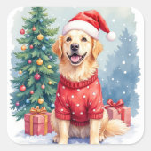 Warm Watercolor Golden Retriever Christmas Tree Quadratischer Aufkleber (Vorderseite)