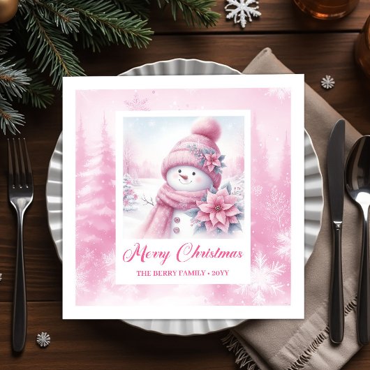 Warm Winter Forest Pink Snowman Christmas Napkins  Serviette