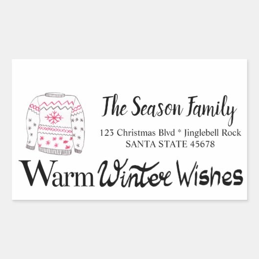 Warm Winter Wishes Christmas Sweater address Rechteckiger Aufkleber (Vorderseite)
